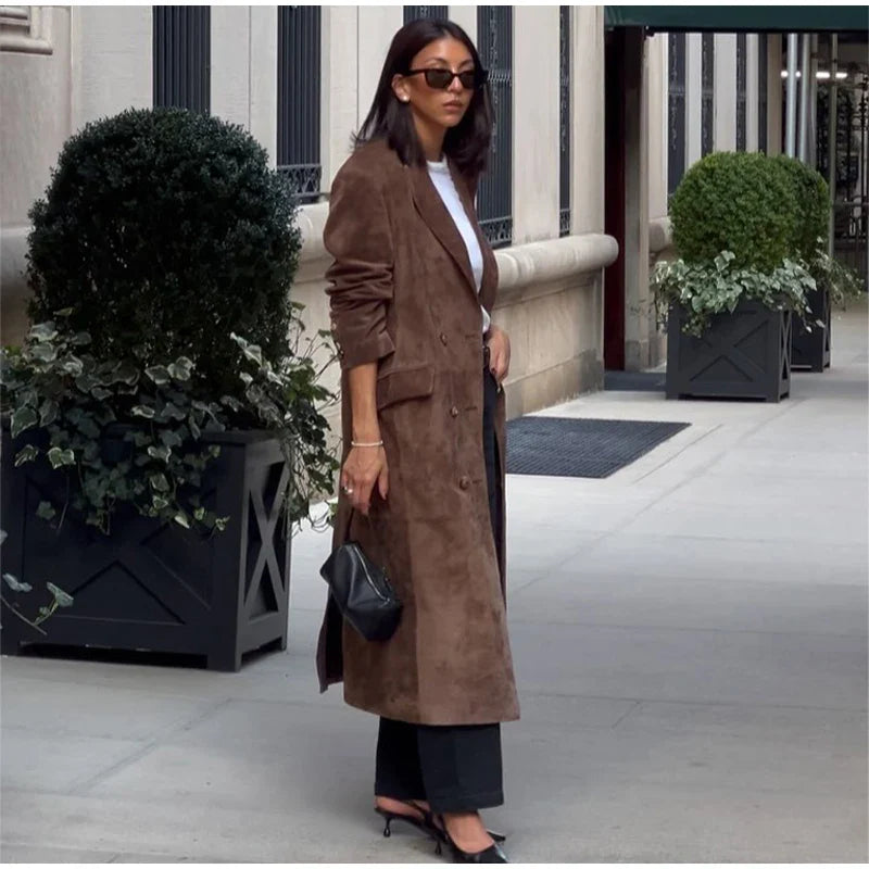 Trench Coats- Double-Breasted Windbreaker Faux Suede Notch Lapel Coat- - IndioGear Women Clothing