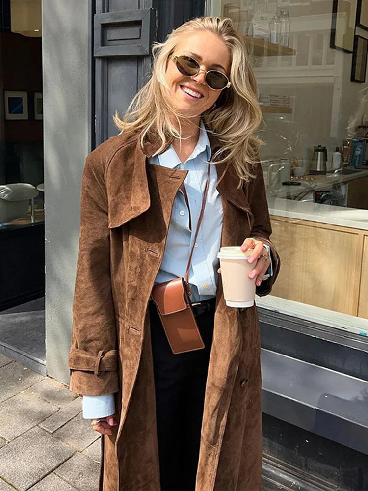 Trench Coats- Double-Breasted Windbreaker Faux Suede Notch Lapel Coat- - IndioGear Women Clothing