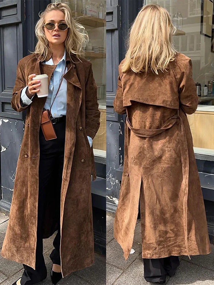 Trench Coats- Double-Breasted Windbreaker Faux Suede Notch Lapel Coat- - IndioGear Women Clothing