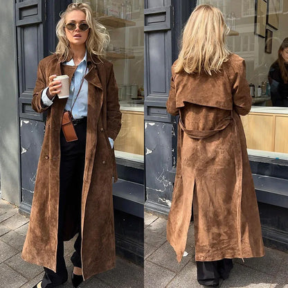 Trench Coats- Double-Breasted Windbreaker Faux Suede Notch Lapel Coat- Brown- IndioGear Women Clothing