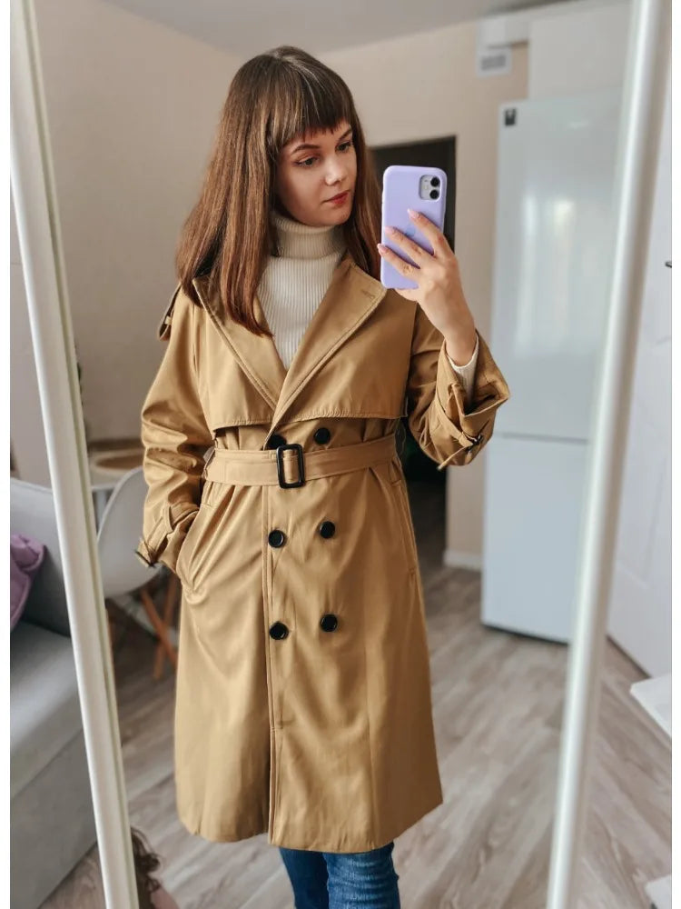 Trench Coats- Essential Mid-Length Trench Coat for Women Layering- Khaki- IndioGear.com