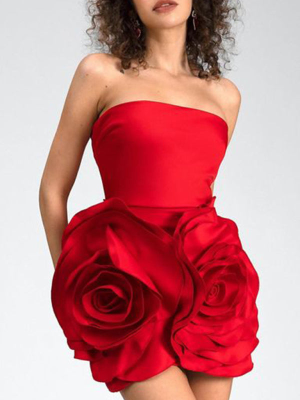 Tube Dresses- Bold Rose Applique Strapless Dress for Wedding Receptions- Red- IndioGear Women Clothing