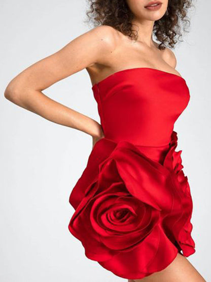 Tube Dresses- Bold Rose Applique Strapless Dress for Wedding Receptions- - IndioGear Women Clothing