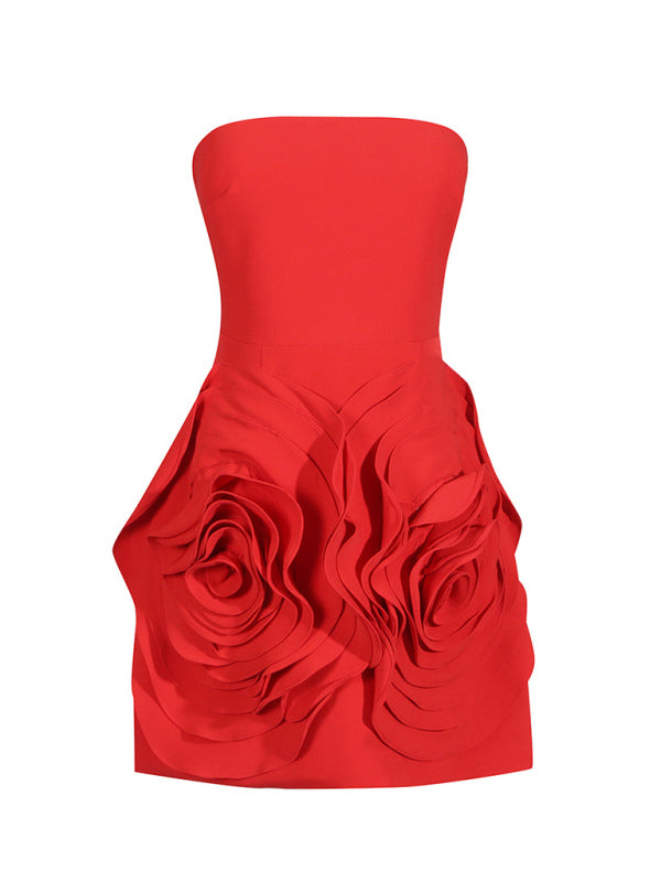 Tube Dresses- Bold Rose Applique Strapless Dress for Wedding Receptions- - IndioGear Women Clothing