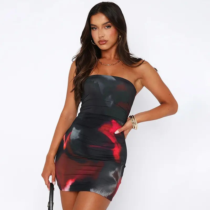 Tube Dresses- Night Out Abstract Strapless Bodycon Dress- - IndioGear.com