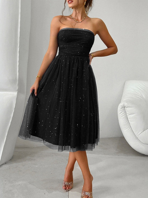 Tube Dresses- Strapless Flare Midi Dress with Sparkly Overlay LBD- Black- IndioGear Women Clothing