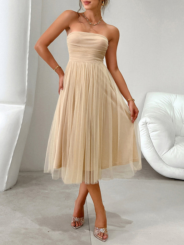 Tube Dresses- Strapless Flare Midi Dress with Sparkly Overlay LBD- Champagne- IndioGear Women Clothing