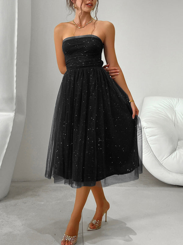 Tube Dresses- Strapless Flare Midi Dress with Sparkly Overlay LBD- - IndioGear Women Clothing