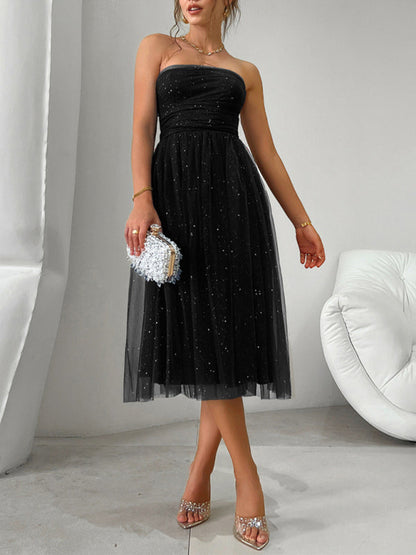 Tube Dresses- Strapless Flare Midi Dress with Sparkly Overlay LBD- - IndioGear Women Clothing