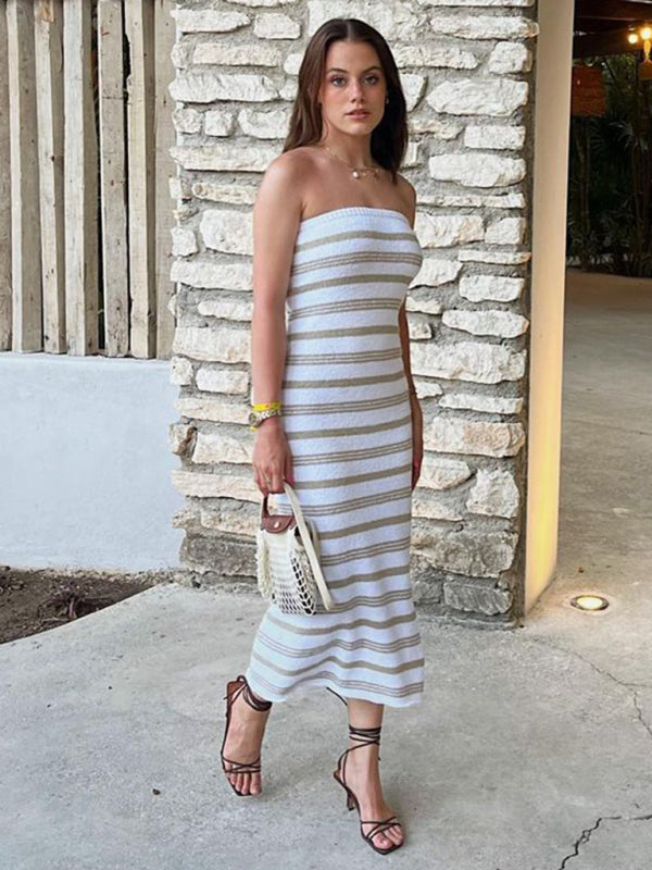 Tube Dresses- Vacation Bandeau Tube Maxi Dress in Textured Stripes- - IndioGear Fashion and Gear