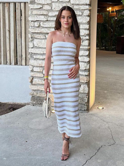 Tube Dresses- Vacation Bandeau Tube Maxi Dress in Textured Stripes- White- IndioGear Fashion and Gear