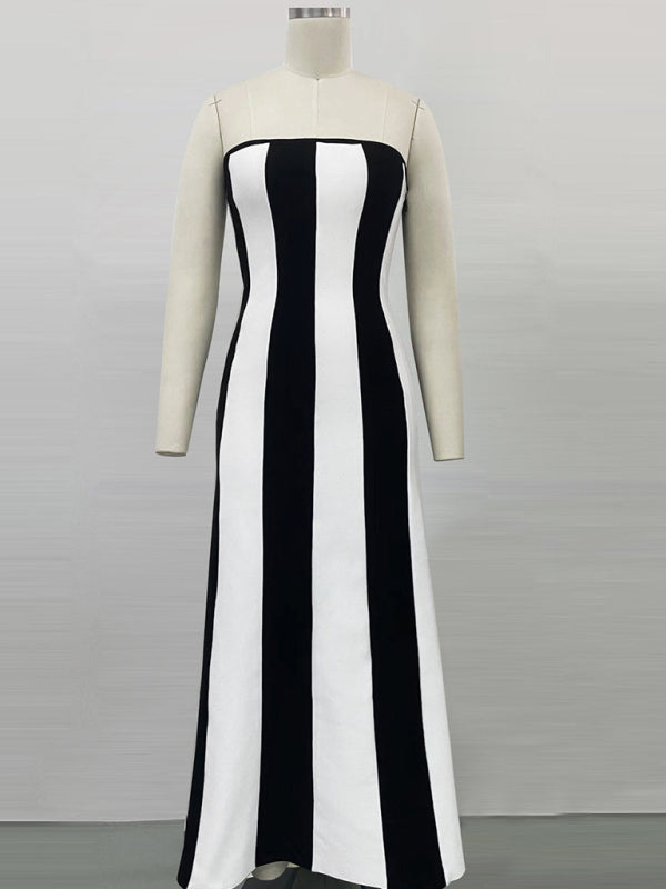 Tube Dresses- Vertical Stripe Tube Long Dress- - IndioGear Women Clothing