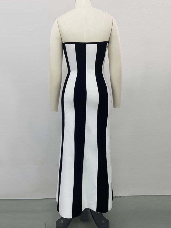 Tube Dresses- Vertical Stripe Tube Long Dress- - IndioGear Women Clothing