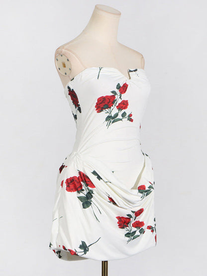 Tube Dresses- Wedding Guest Floral Mini Dress with Draped Skirt- - IndioGear Women Clothing