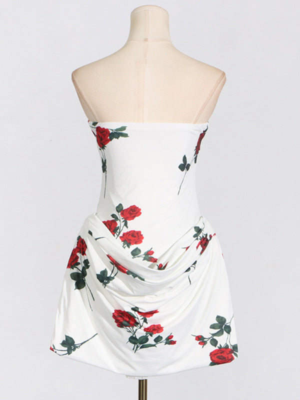 Tube Dresses- Wedding Guest Floral Mini Dress with Draped Skirt- - IndioGear Women Clothing