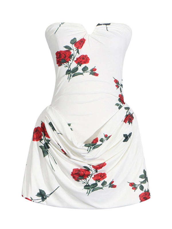 Tube Dresses- Wedding Guest Floral Mini Dress with Draped Skirt- - IndioGear Women Clothing