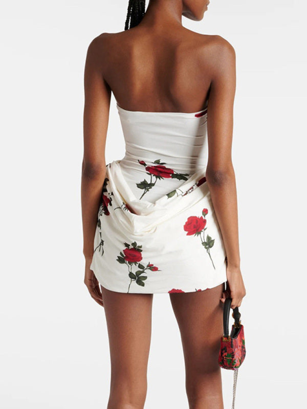 Tube Dresses- Wedding Guest Floral Mini Dress with Draped Skirt- - IndioGear Women Clothing