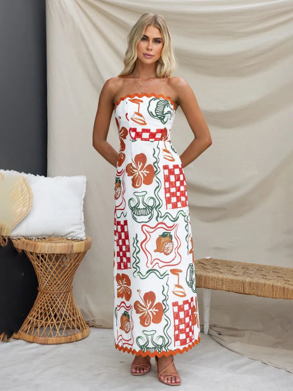 Tube Dresses- Women's A-Line Garden Party Strapless Tube Maxi Dress in Ric-Rac Trim- - IndioGear Fashion and Gear