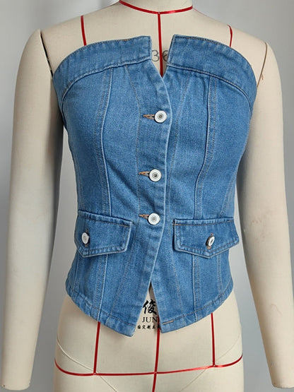 Tube Tops- Denim-Inspired Strapless Top- - IndioGear Women Clothing