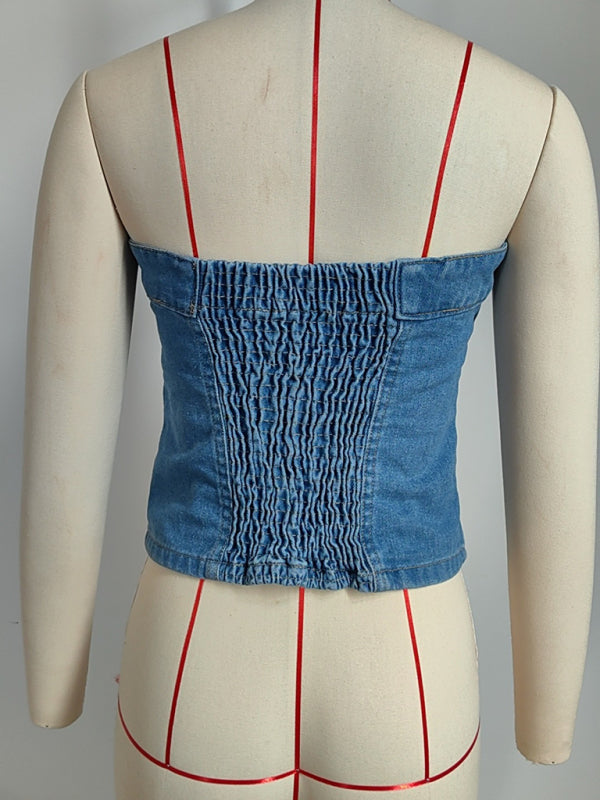 Tube Tops- Denim-Inspired Strapless Top- - IndioGear Women Clothing