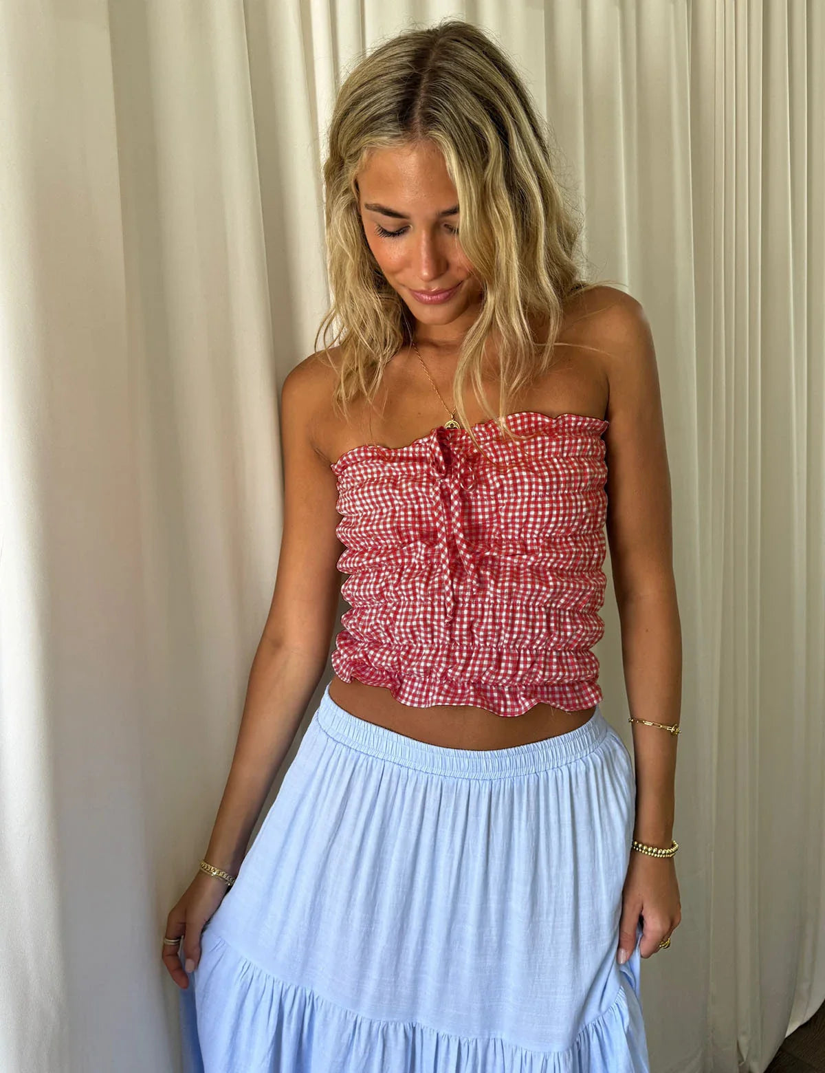 Tube Tops- Gingham Plaid Smock Strapless Tube Top- Red- IndioGear Women Clothing