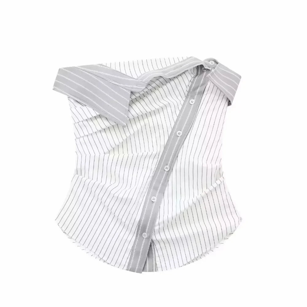 Tube Tops- Minimalist Stripe Buttoned Tube Top- - IndioGear