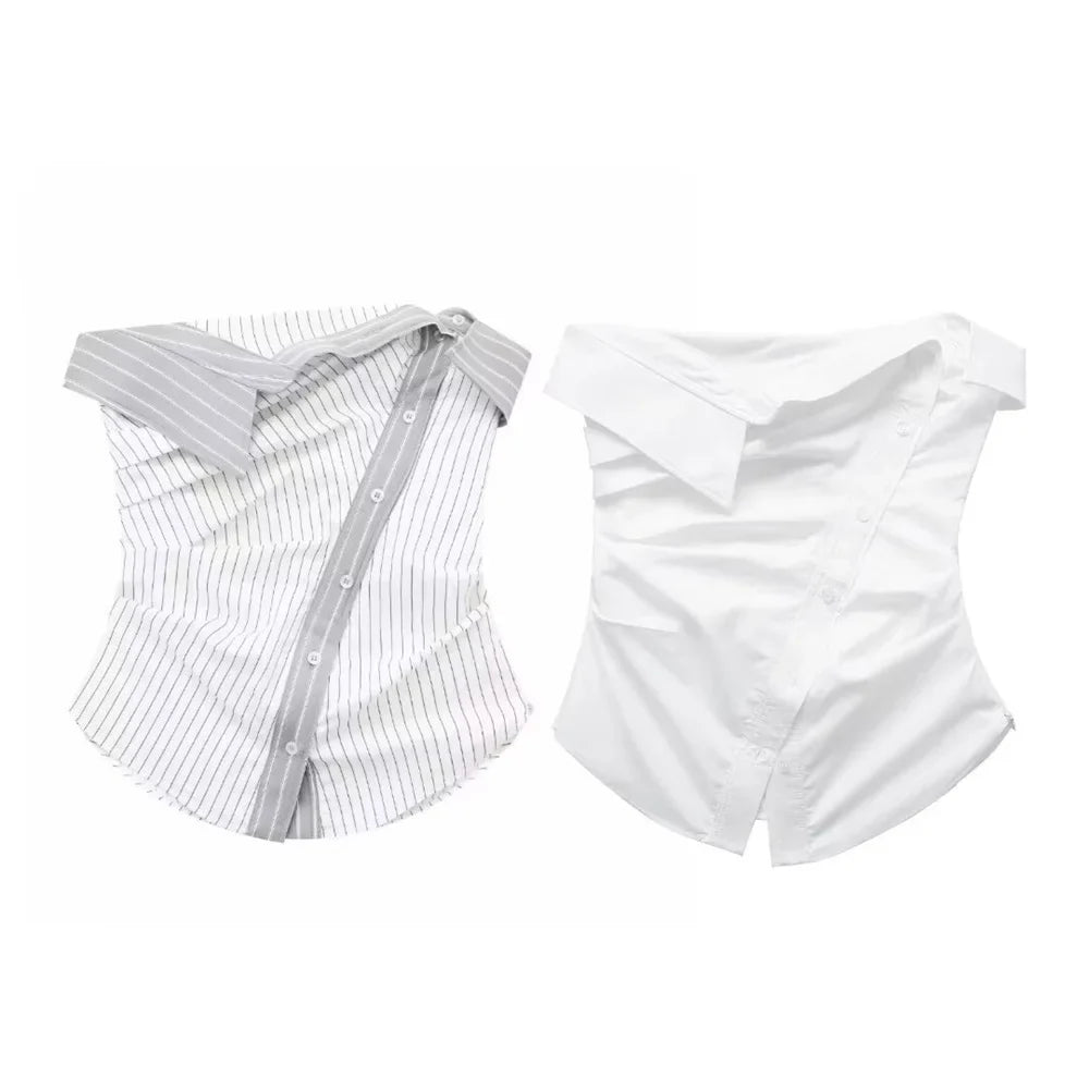 Tube Tops- Minimalist Stripe Buttoned Tube Top- - IndioGear