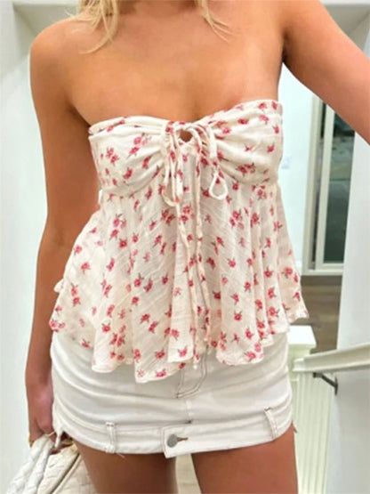 Floral Print Peplum Tube Top with Tie-Up Front