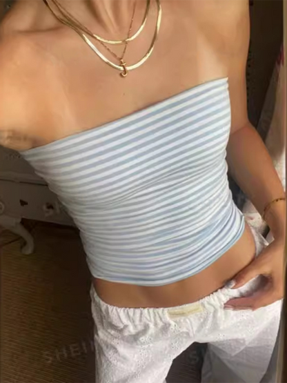 Tube Tops- Stripe Tube Top - Women's Essential Strapless Slim Fit- - IndioGear.com