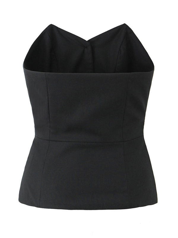 Tube Tops- Summer Solid Button-Up Strapless Tube Top for Women- - IndioGear Fashion and Gear