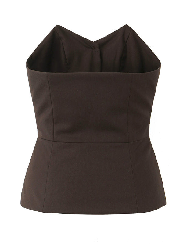 Tube Tops- Summer Solid Button-Up Strapless Tube Top for Women- - IndioGear Fashion and Gear