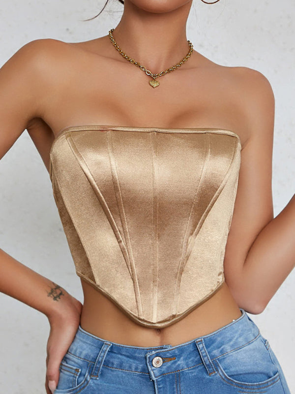 Tube Tops- Victorian Inspired Satin Corset Strapless Top- Khaki- IndioGear Women Clothing