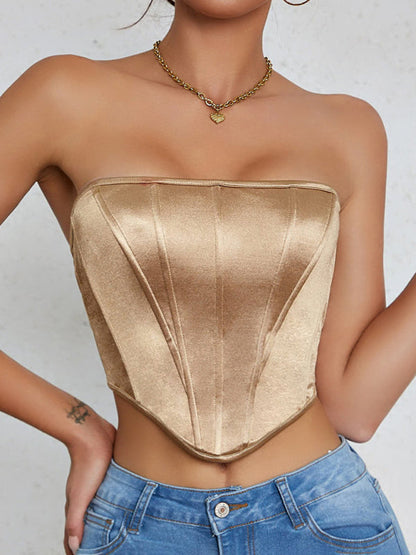 Tube Tops- Victorian Inspired Satin Corset Strapless Top- Khaki- IndioGear Women Clothing