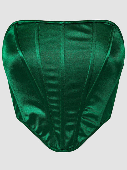 Tube Tops- Victorian Inspired Satin Corset Strapless Top- Green black jasper- IndioGear Women Clothing