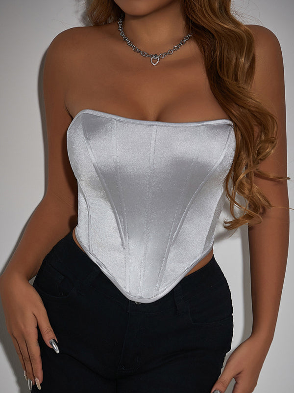 Tube Tops- Victorian Inspired Satin Corset Strapless Top- Silver grey- IndioGear Women Clothing