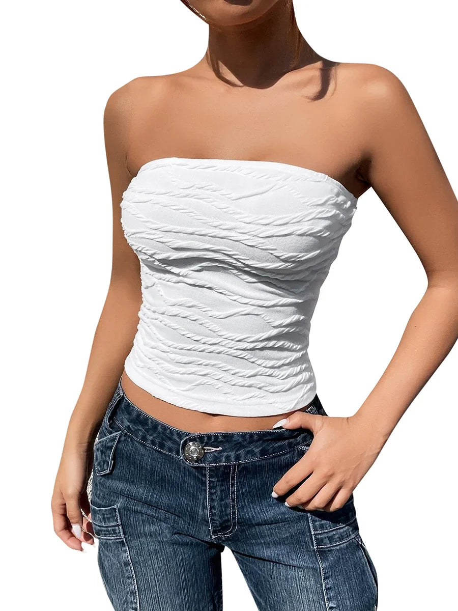 Tube Tops- Women Edgy Textured Strapless Tube Top- White- IndioGear.com