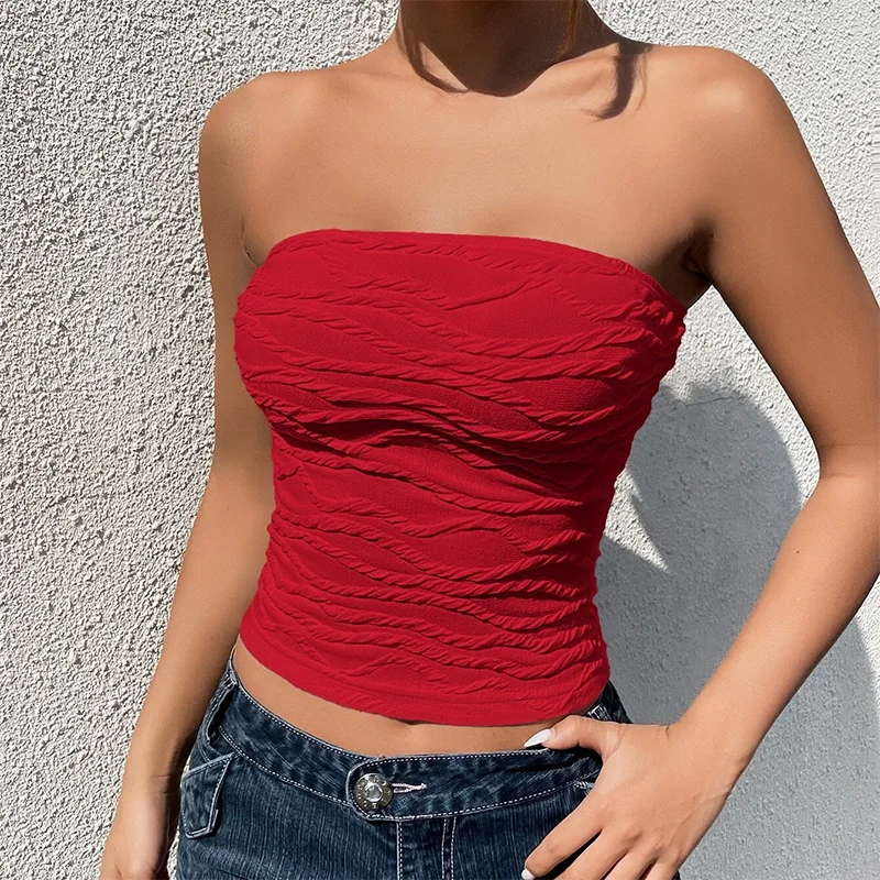 Tube Tops- Women Edgy Textured Strapless Tube Top- Red- IndioGear.com