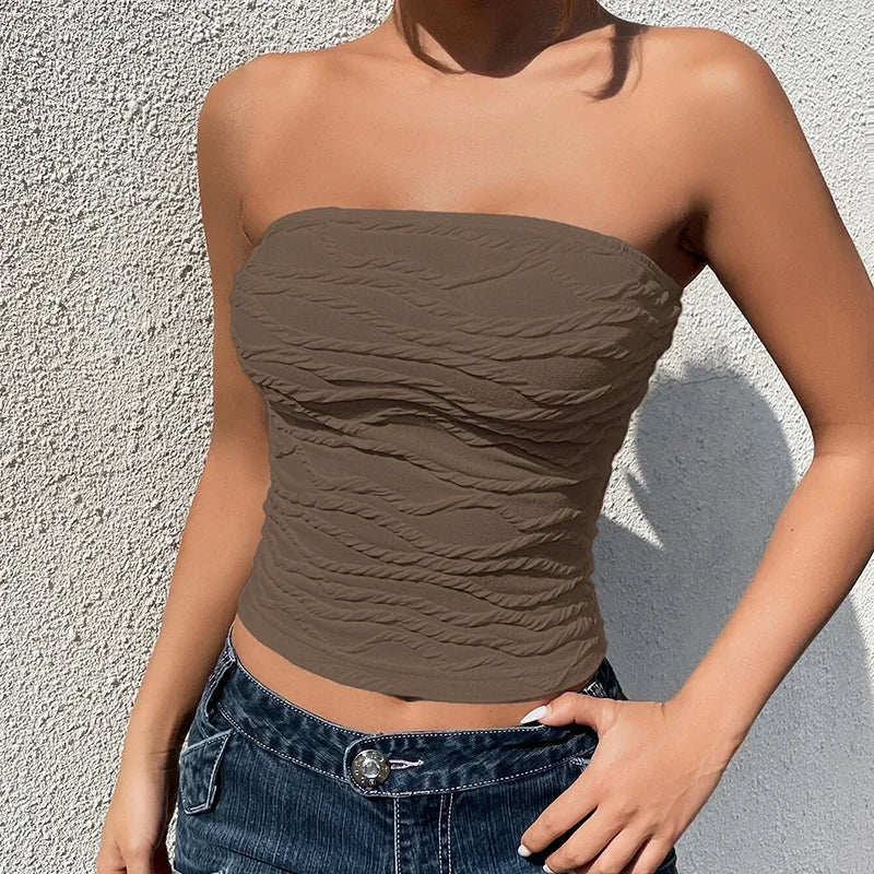 Tube Tops- Women Edgy Textured Strapless Tube Top- Light Brown- IndioGear.com