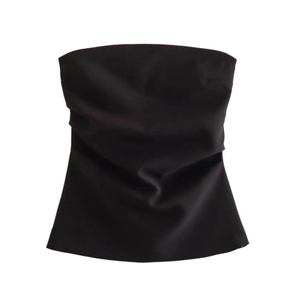 Tube Tops- Women Elegant Solid Bandeau Top with Ruched Detail- Black- IndioGear.com