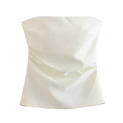 Tube Tops- Women Elegant Solid Bandeau Top with Ruched Detail- White- IndioGear.com