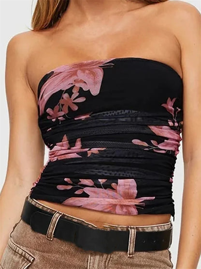 Tube Tops- Women's Ruched Tube Top with Floral Print- Floral Print- IndioGear.com