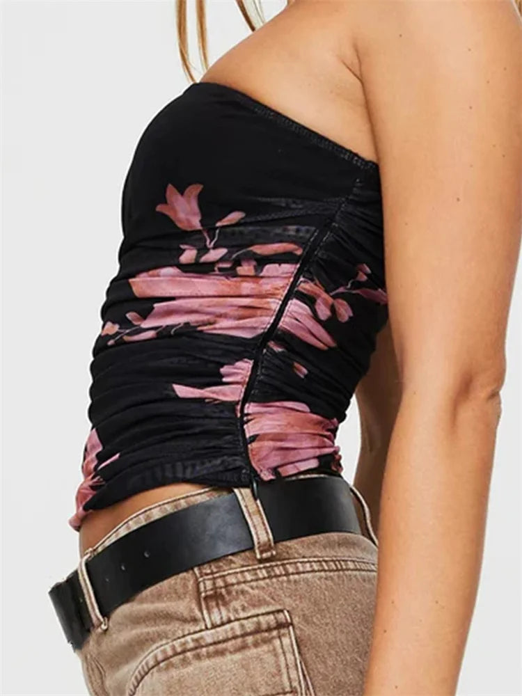 Tube Tops- Women's Ruched Tube Top with Floral Print- - IndioGear.com