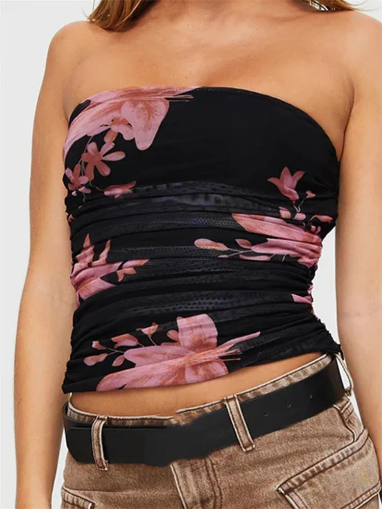 Tube Tops- Women's Ruched Tube Top with Floral Print- - IndioGear.com