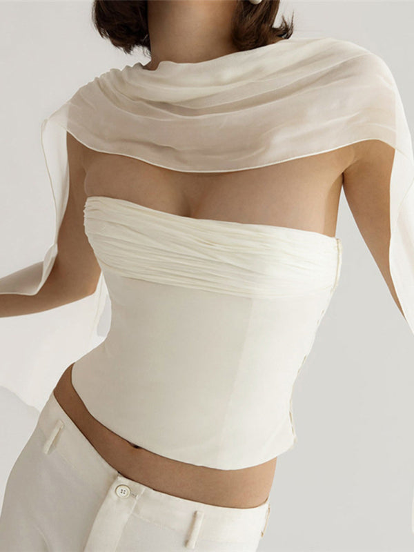 Tube Tops- Women's Solid Bandeau Strapless Top with Scarf- - IndioGear Fashion and Gear