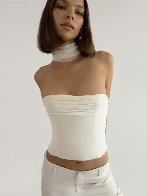 Tube Tops- Women's Solid Bandeau Strapless Top with Scarf- - IndioGear Fashion and Gear