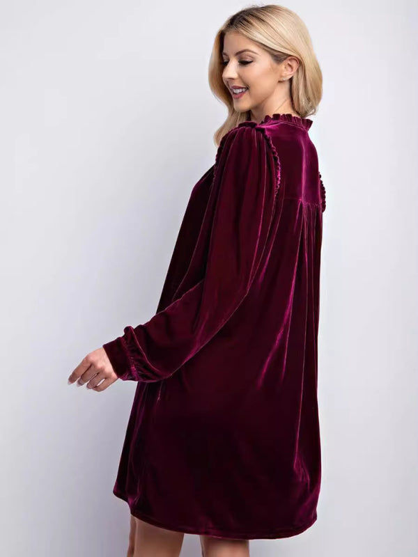 Tunic Dresses- Holiday Velvet Frill Dress Winter Tunic- - IndioGear Women Clothing