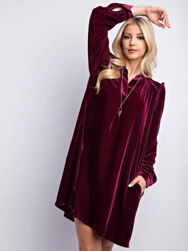 Tunic Dresses- Holiday Velvet Frill Dress Winter Tunic- Wine Red- IndioGear Women Clothing