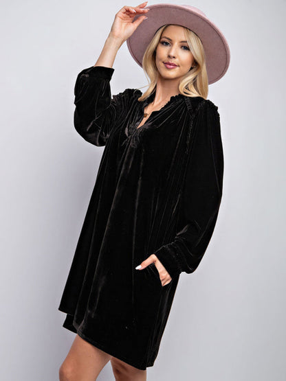 Tunic Dresses- Holiday Velvet Frill Dress Winter Tunic- - IndioGear Women Clothing