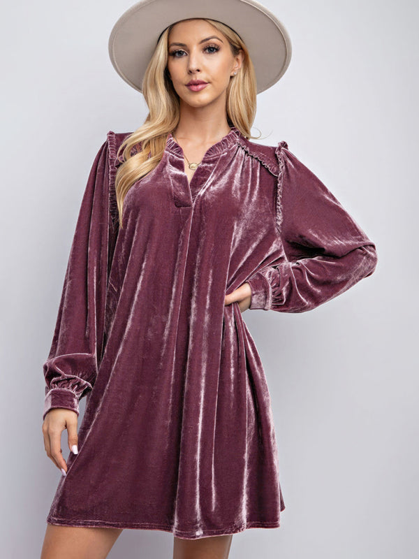 Tunic Dresses- Holiday Velvet Frill Dress Winter Tunic- Lotus root Pink- IndioGear Women Clothing