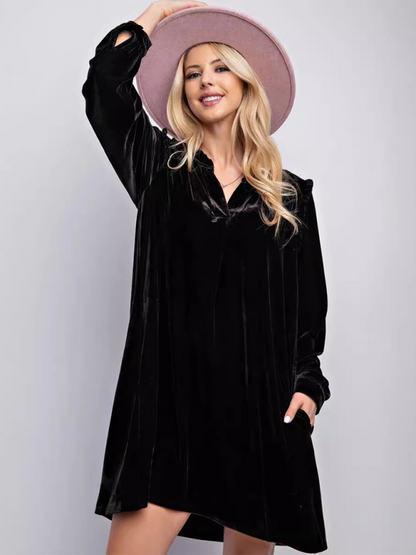 Tunic Dresses- Luxurious Velvet Tunic Dress for Layering This Winter- Black- IndioGear.com